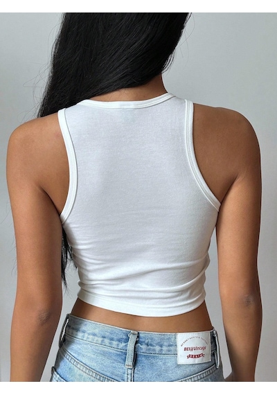 Afri Kadınbeyaz Baskılı Crop Atlet Diş Grillz Desenli, Sokak Modası Tarzı Beyaz