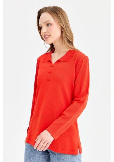 Desen Triko Kadın Polo Yaka İnce Triko Bluz 23355 Mercan MERCAN