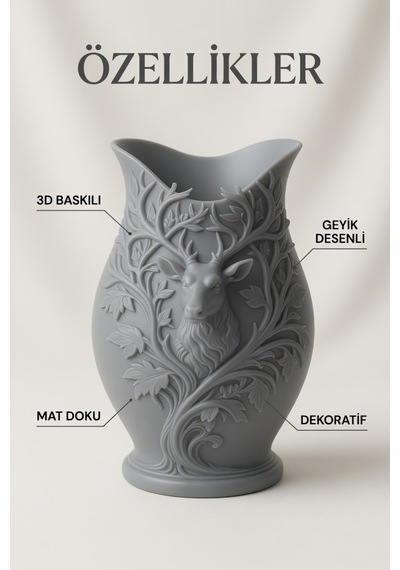 3d Baskılı Geyik Desenli Dekoratif Vazo 15 Cm Gri