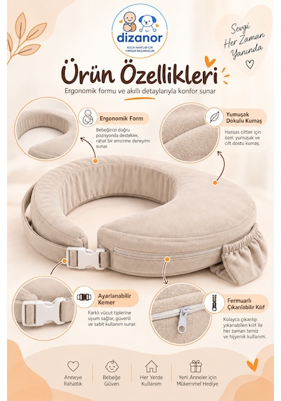 Dizanor Ayarlanabilir Kemerli Çok Amaçlı Emzirme Minderi Fermuarlı Yıkanabilir Kılıf 56x50x11 CM