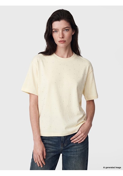 Lcw Comfort Sarı Taşlı Soft Touch Kadın Tişört