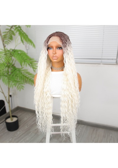 Afro Dalga Kumral Beyaz Platin Ombre Fiber Sentetik Tül Peruk - Grsy-582343 Renkli