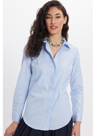 Tudors Kadın Slim Fit Dar Kesim %100 Pamuk Spor Yaka Gizli Pat Uzun Kollu Düz Oxford Leke Tutmaz Mavi Gömlek-46434