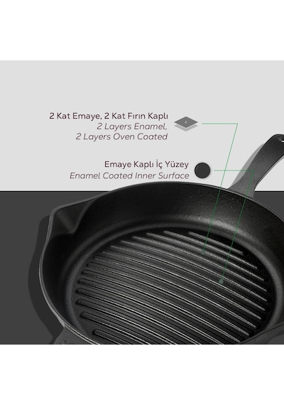 Döküm Yuvarlak Izgara Tava, Metal Kulplu, Konkav Taban, 28 Cm Belirtilmemiş