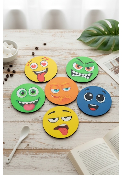 Eğlenceli Emoji Yüzler Baskılı Ahşap Bardak Altlığı Seti 6'lı Kahve & Fincan Altlığı Çok Renkli