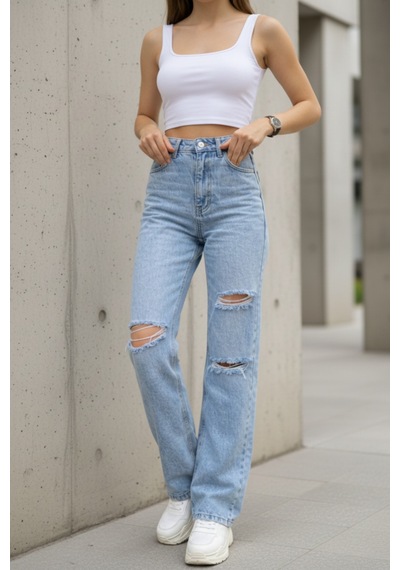 Woddi Bella Taş Salaş Dizi Yırtık Rahat Kesim Palazzo Jeans Kot Pantolon