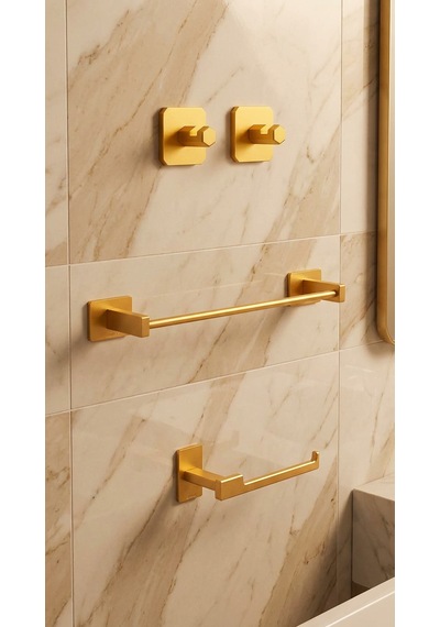 Premium Gold Alüminyum 2 Adet Tekli Havlu Askısı + Tuvalet Kağıtlığı + Havlu Tutucu Yapışkanlı Altın