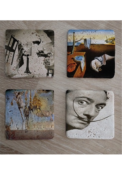 Salvador Dali Atomicus Potre Ve Eserleri Doğal Taş Bardak Altlığı 4'lü Set - Natural Stone Coasters - Taş Çok Renkli