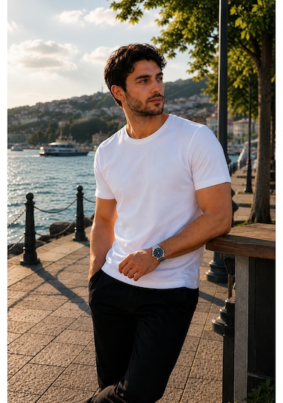 Luxıc Core Erkek Slim Fit Beyaz Bisiklet Yaka Pamuk Penye Günlük Rahat Basic Tişört