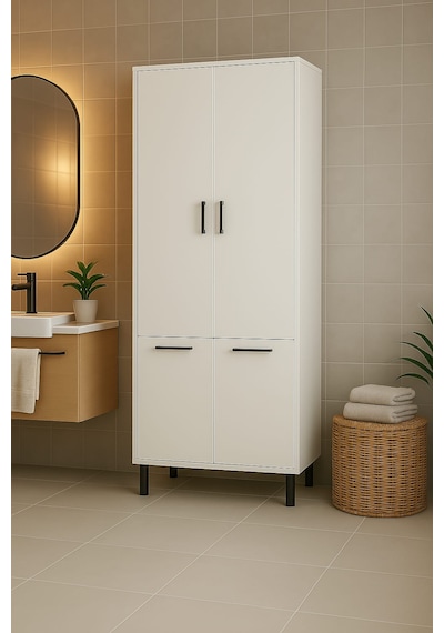 Çift Çamaşır Sepetli Banyo Dolabı Beyaz