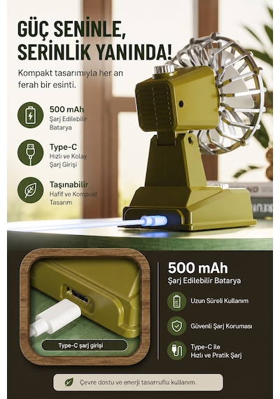 Exenar - Mavi - Şarjlı Masaüstü Mini Vantilatör Retro Tasarım 2 Kademeli Mini Fan 500 Mah Taşınabilir Fan