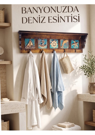 Anahtarlık, Duvara Asılabilir Taç Raflı Deniz Temalı Spirütüel Anahtar Askısı 53x8,5x15,5 H Ahşap
