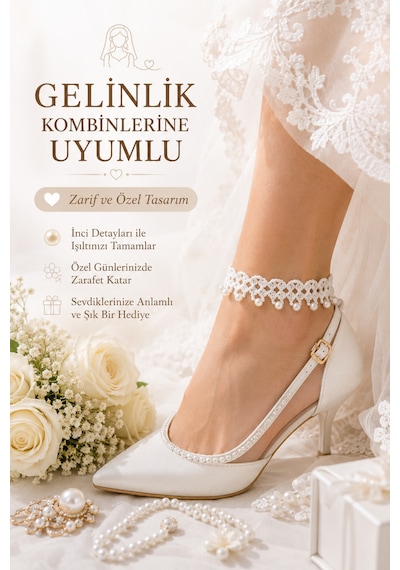 El Örgüsü Halhal Kadın Ayak Bilekliği Boncuklu İnci Renkli Gelinlik Detaylı Bohem Yazlık Ayarlanabilir Halhal Beyaz İnci Boncuklu 00747345