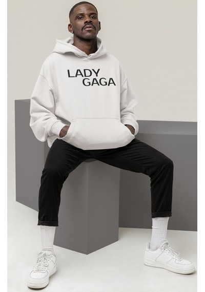 Sevbano Lady Gaga Şarkıcı Sırt Baskılı Unisex Oversize Penye Hoodie beyaz