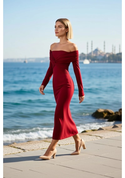 Benerly Kadın Elbise Carmen Yaka Uzun Kol Balık Kesim Midi Boy Örme Sandy Bordo