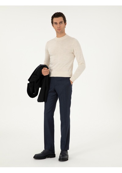 Cacharel Bej Slim Fit Yün Karışımlı Çeyrek Balıkçı Yaka Basic Triko Kazak