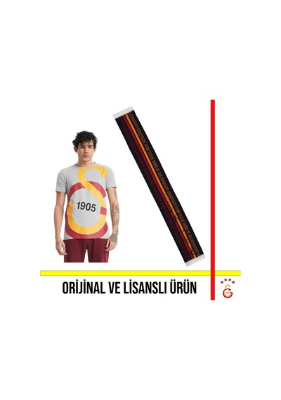 Galatasaray Lisanslı Büyük Logolu Gri T-shirt Ve Siyah Çizgili Şal Atkı Gri