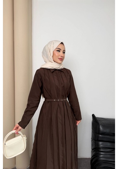 Mihran Butik Quenn Model Coupra Model Kumaş Kemer Detaylı Elbise Kahverengi