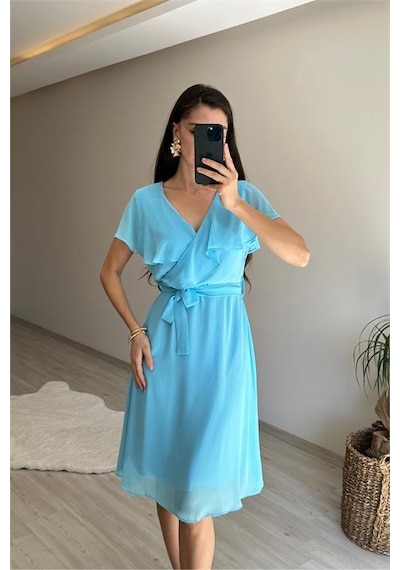 Neşeli Butik Kadın V Yaka Kuşaklı Mini Şifon Elbise Nm007 Bebe Mavisi