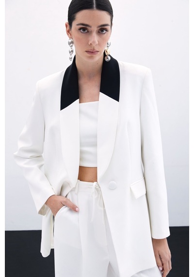 Sateen Kontrast Uzun Ceket - Ekru-135801 Ekru