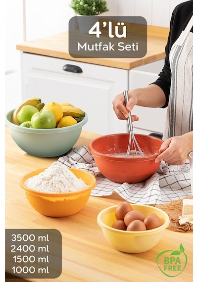 Meleni Home 4'li Set Yuvarlak Hazırlık Kase Seti Çok Amaçlı Çırpma Saklama Kabı Çok Renkli