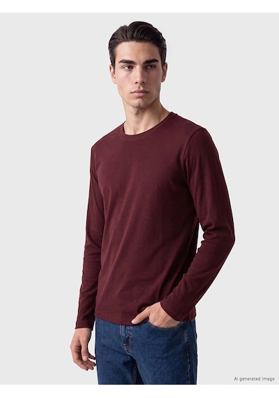 LC Waikiki Lcwaıkıkı Classic Gri Melanj Bisiklet Yaka Uzun Kollu Penye Erkek Tişört Bordo