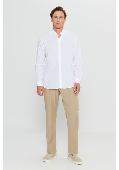 AC&Co / Altınyıldız Classics  Erkek Beyaz Pamuklu Keten Comfort Fit Rahat Kesim Düğmeli Yaka Armürlü Gömlek Beyaz