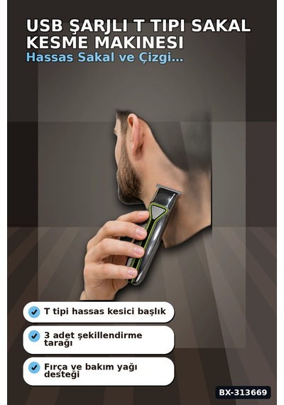 Usb Sarjli T Tipi Bicakli Sac Sakal Kesme Makinesi 3 Tarakli Profesyonel Erkek Traas Bx-313669