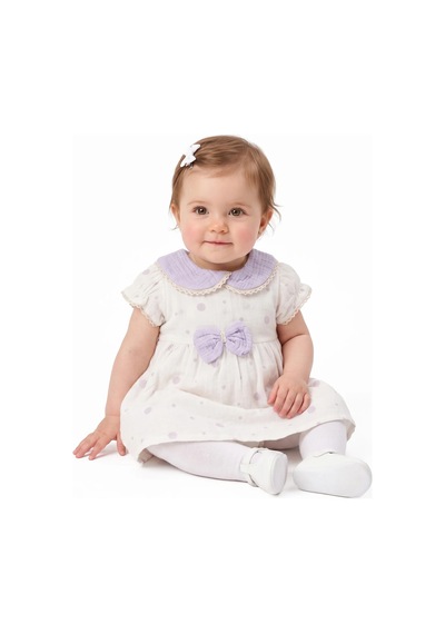 Bebegen Kız Bebek Ekru Lila Fistolu Bebe Yaka Puanlı Elbise
