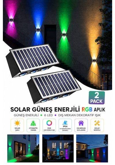 2 Adet Güneş Enerjili Rgb Solar Aplik 6 Led, Renkli Işıklı Otomatik Yanan Dış Mekan Duvar Lambası, Bahçe Balkon Teras Aydınlatması
