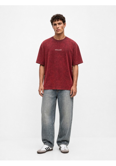 Respire Erkek Marseille Baskılı Yıkamalı Oversize T-shirt Bordo