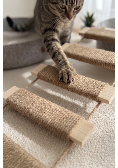 Ahşap Kedi Tırmanma Merdiveni Ve Duvar Köprüsü - Jüt İpli, 11 Basamak, 125 Cm