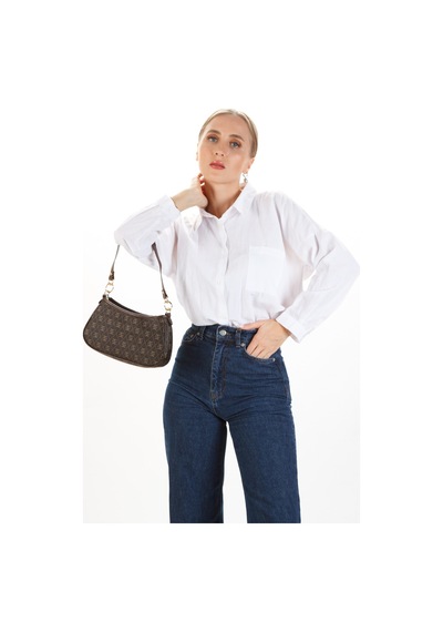 Newish Polo Kadın Omuz Çantası Ve Cüzdan Seti 2 Li Monogram Desenli, Fermuarlı Cüzdanlı - New395 Kahverengi
