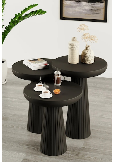Simillo Wooden Siyah Ahşap 3 Lü Set Fitilli Mantar Yan Sehpa Modern Siyah Renk Fiskos Siyah
