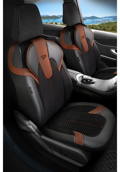 Siyah - Taba Garni Panda Monte Carlo Serisi Velor Kadife Kumaş Oto Koltuk Kılıfı - Tam Set