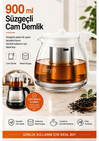 900 Ml Süzgeçli Cam Demlik Paslanmaz Çelik Filtreli, Beyaz Kapak Ve Kulplu Çay Demleme Demliği