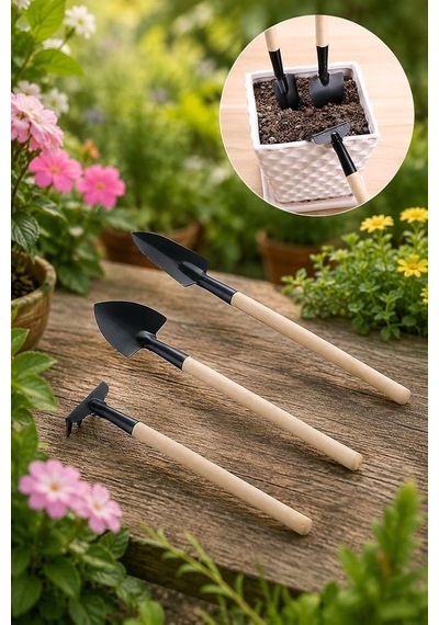 Metal 3 Parça Mini Bitki Bahçe Hobi Saksı Bakım Kazma Kürek Tırmık Set Cin702
