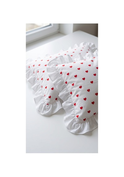 %100 Pamuklu Kalp Desenli Fırfırlı Yastık Kılıfı 2 Adet 50x70 Cm Kırmızı - 863747383 Kırmızı