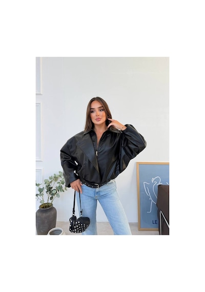 Meecy Kadın Zr Model Yeni Sezon Viral Deri Ceket Siyah Siyah