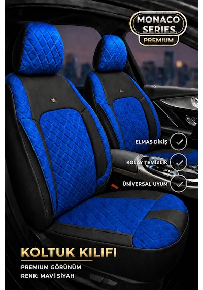 Vw Golf 7 Kasa 2013-2020 Uyumlu Monaco Serisi Eviza Deri Detaylı Mavi Koltuk Kılıfı