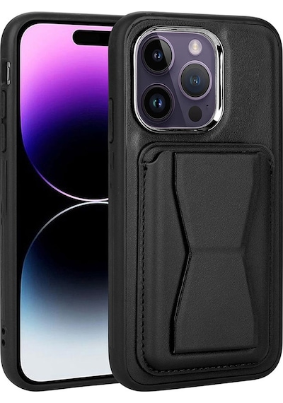 Kilifone - Apple Uyumlu iPhone 14 Pro - Kılıf Kart Bölmeli El Tutacaklı Stand Olan Pu Deri Memo Kapak - Siyah