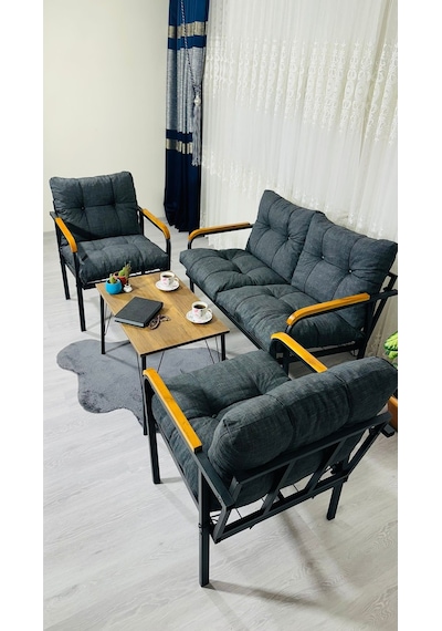 Madame Home Kaktüs Balkon, Bahçe,teras,cafe - Salon - Metal Kanepe Koltuk Takımı - 2 1 1 Sehpa Antrasit