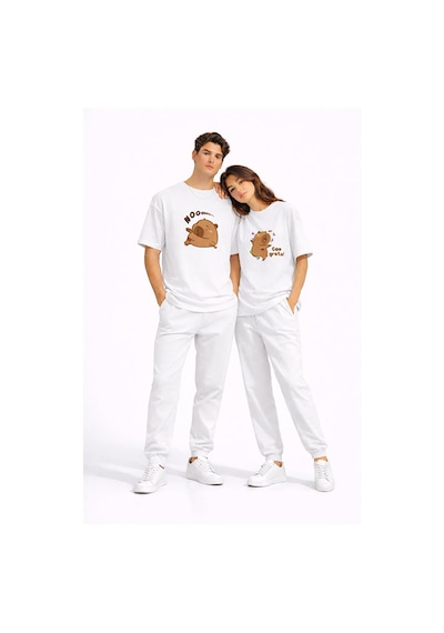 Sevgili Kombini Sevimli Ayı Baskılı Çift Tişört Oversize Unisex P Beyaz