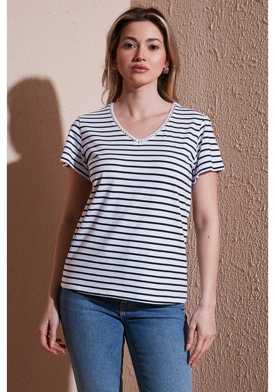 Fashion Friends Bayan T Shirt 25y0478k1 Lacivert-çizgili Lacivert-çizgili Lacivert