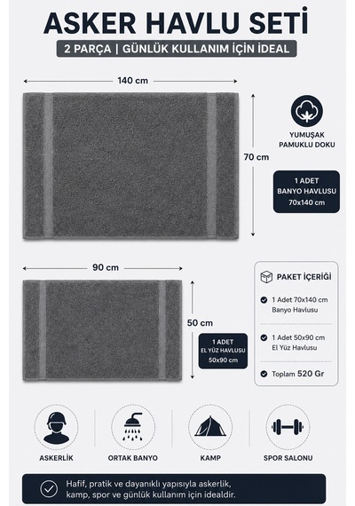2 Parça Asker Banyo Havlu Seti 70x140 + 50x90 Cm Atlas Antrasit