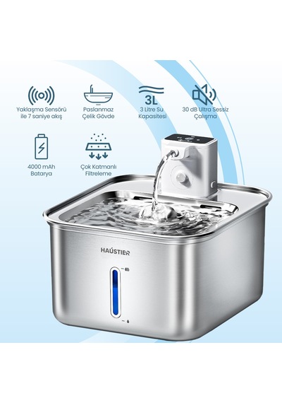 Haustier Wf08 Otomatik Kablosuz Kedi Su Pınarı, Sensörlü , Bataryalı , Ultra Sessiz, Çelik , 3lt Hazne