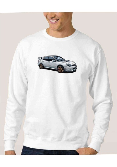 Subaru Impreza Stı Beyaz Baskılı Beyaz Erkek Örme Sweatshirt