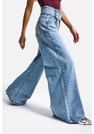 Itsbasic Kadın Ice 4s6-3 Süper Palazzo Kemer Detaylı Komfort Kumaş Denim Jean Buz Mavi