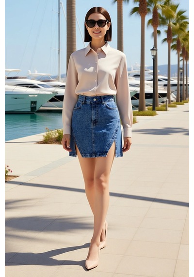 Benerly Kadın Mini Denim Etek Yüksek Bel A-line Kesim Yırtmaçlı Detaylı % Mavi