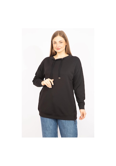 Şans Kadın Siyah Büyük Beden Yan Fermuar Yırtmaçlı Yakası Kuşgözü Detaylı Sweatshirt 65n35638-siyah Siyah